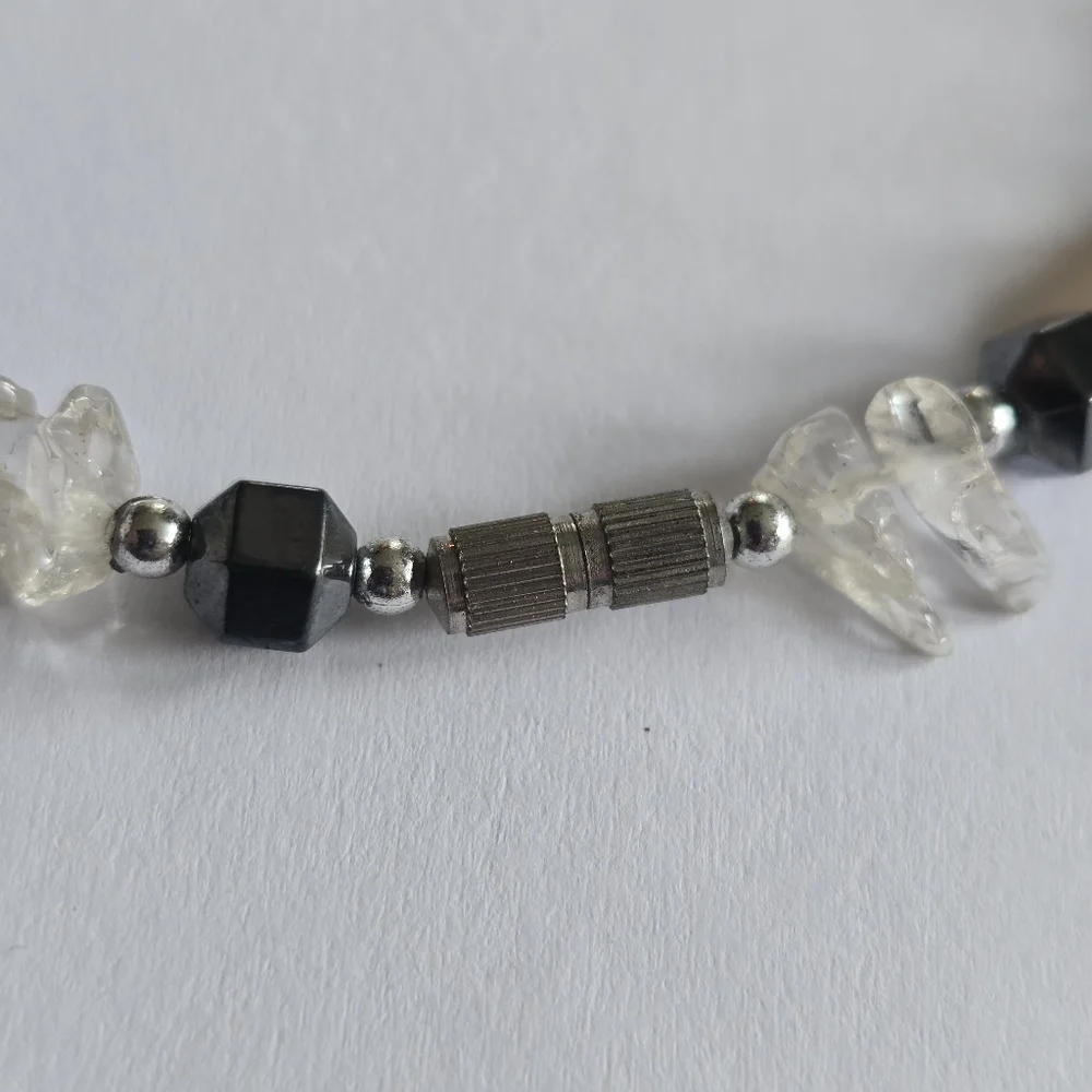 Handmade gemstone necklace beaded yellow green grey gray silver tone clear